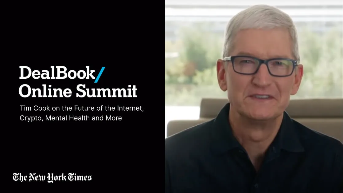 Tim Cook speaking in a video thumbnail for the DealBook Online Summit by The New York Times about the future of the internet, crypto, and mental health.