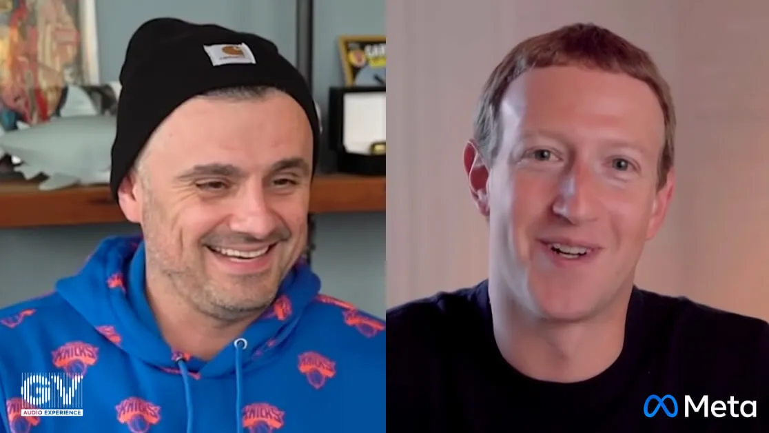 Split-screen video call showing Gary Vaynerchuk smiling in a blue Knicks hoodie and black beanie on the left, and Mark Zuckerberg smiling in a black shirt on the right with Meta logo.