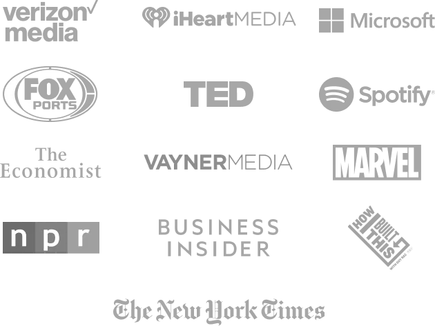 Collage of brand logos including NPR, The Wall Street Journal, Strategy + Business, and others in gray tones on a black background.