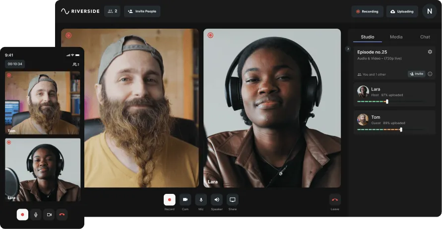 Video call interface showing two participants, a bearded man and a woman with headphones, with recording and uploading status.