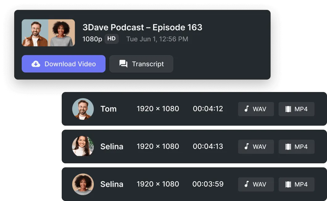 Podcast episode interface for '3Dave Podcast – Episode 163' with download and transcript options, showing video/audio tracks for Tom and Selina with duration and format buttons.