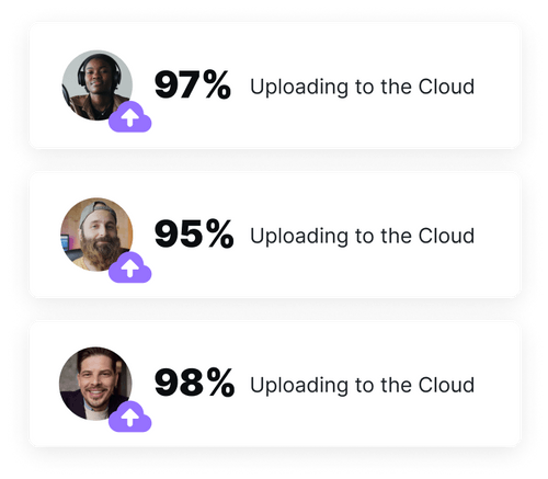 Three user profiles showing percentages 97%, 95%, and 98% with text 'Uploading to the Cloud' and a purple cloud upload icon.