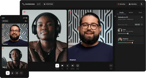 Video call screen showing two people, Stephan and Lara, in separate windows with call controls and upload progress indicators.