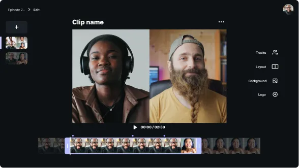 Video editing interface showing side-by-side clips of a woman with headphones and a man with a braided beard, with timeline thumbnails below.
