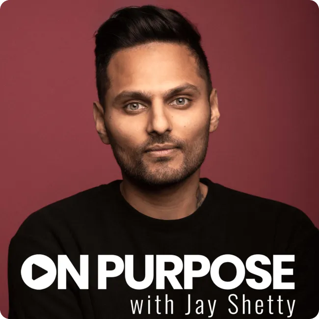Portrait of Jay Shetty against a maroon background with the text 'On Purpose with Jay Shetty'.
