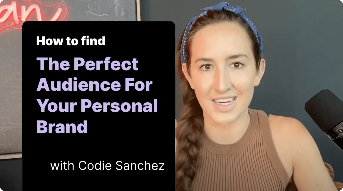 Woman with a braided ponytail and blue headband speaking in front of a microphone, alongside text about finding the perfect audience for your personal brand with Codie Sanchez.