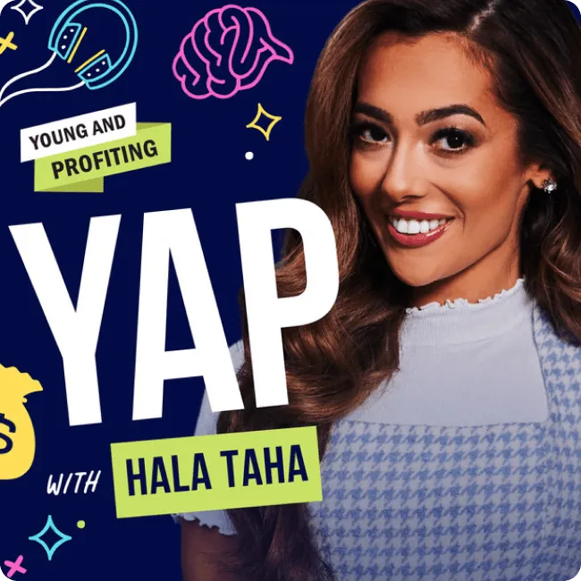Smiling woman with long brown hair wearing a white top and blue checkered dress on a navy background with text 'Young and Profiting YAP with Hala Taha' and colorful icons of headphones, brain, and money bag.