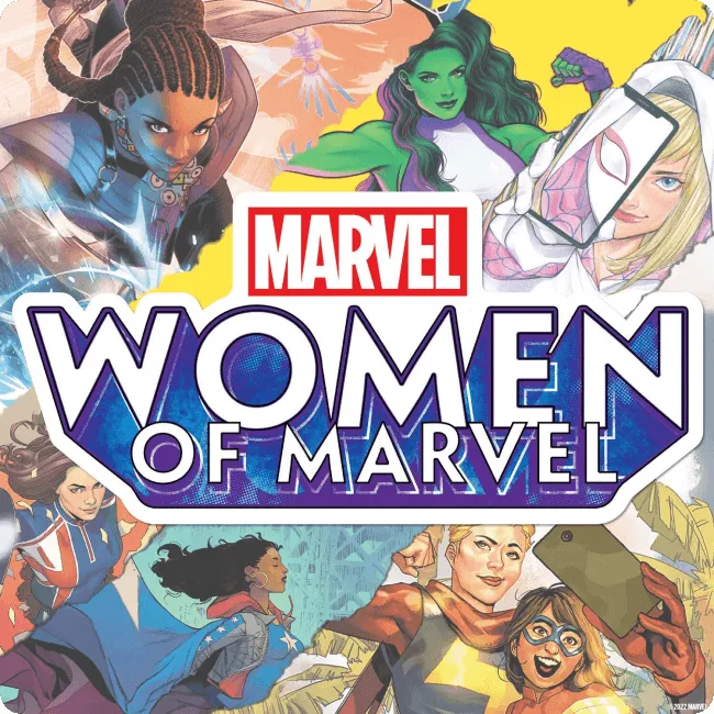 Illustrated poster featuring diverse Marvel women superheroes around a bold 'Women of Marvel' logo.