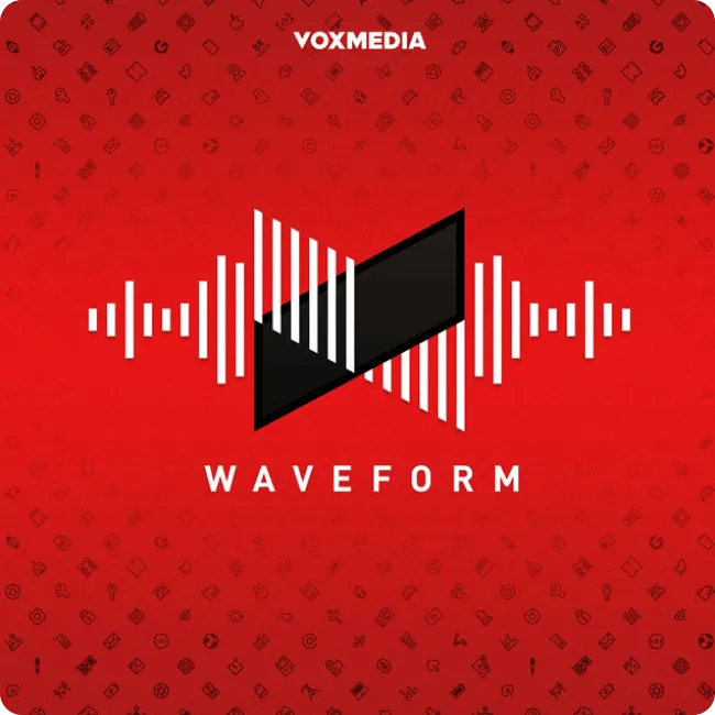 Red background with white vertical waveform bars forming a symmetrical pattern around a black triangular play button, with text 'VOXMEDIA' at the top and 'WAVEFORM' below.