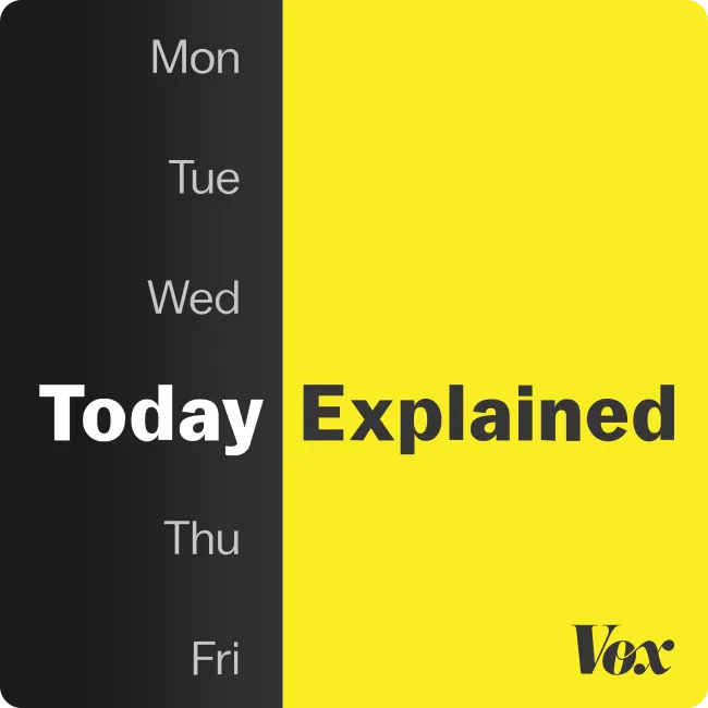 Vertical list of weekdays from Monday to Friday on a black background, with the words 'Today Explained' in bold on a yellow background, Vox logo in bottom right.