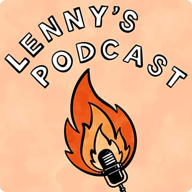 Logo with the text 'Lenny's Podcast' arched above a flaming microphone illustration on a peach background.