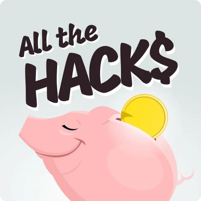 Illustration of a smiling pink piggy bank with a gold coin above it and the text 'All the HACK$' in bold letters.