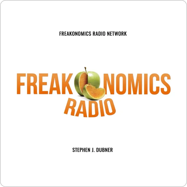 Freakonomics Radio logo with the word 'FREAK' and 'NOMICS' in orange separated by an apple sliced to show an orange inside, and 'RADIO' curved below.