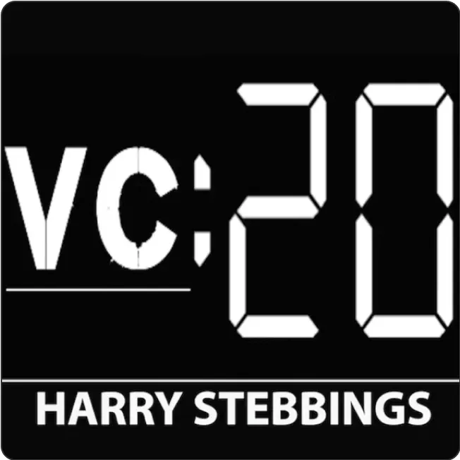 Black background with text 'vc:20' in large white digital-style font and 'HARRY STEBBINGS' in bold white letters below.