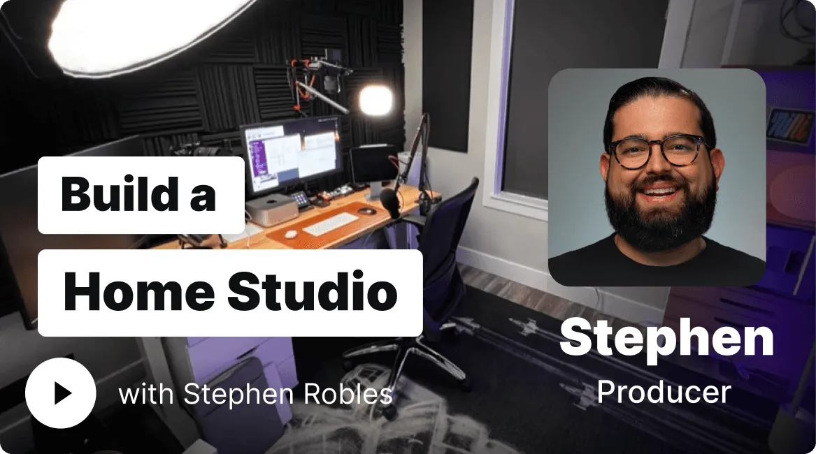 Home studio setup with desk, computer monitors, microphone, and chair, alongside inset photo of smiling man with glasses and beard labeled Stephen, Producer.