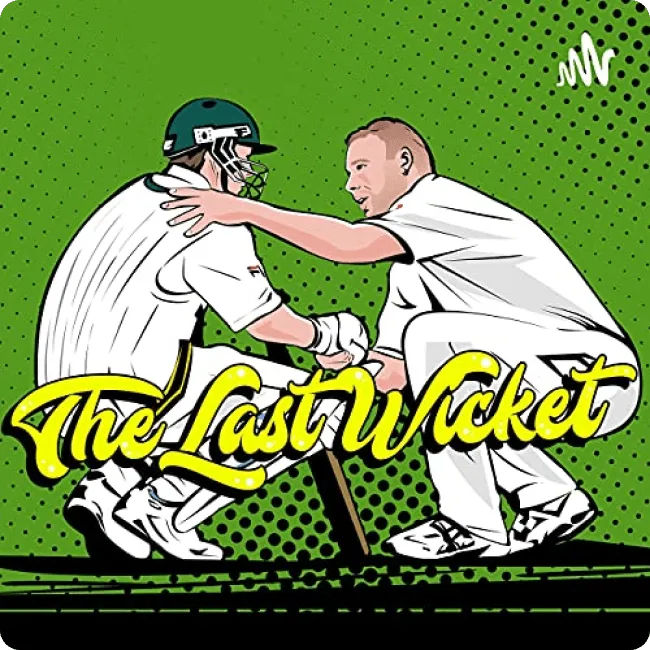 Illustration of two cricket players greeting each other with one holding a bat and the other wearing a helmet, with the text 'The Last Wicket' in bold yellow stylized font on a green dotted background.