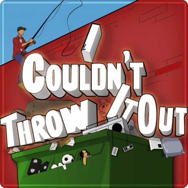 Illustration of a person fishing from a ledge above a green dumpster filled with trash and a large 3D text reading 'Couldn't Throw It Out'.