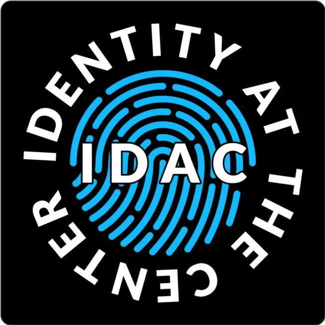Blue fingerprint with white text 'IDAC' in the center and circular white text 'Identity at the Center' around it on a black background.