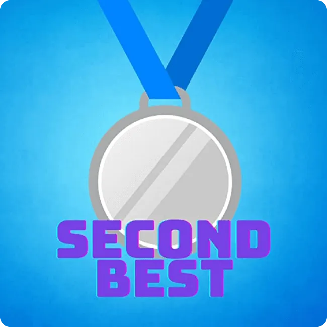 Silver medal with a blue ribbon and the text 'SECOND BEST' in purple below it on a blue gradient background.