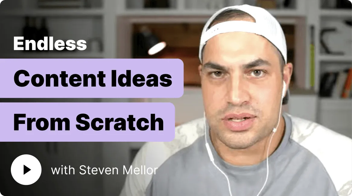 Man wearing a backward white cap and earphones speaking, with text reading 'Endless Content Ideas From Scratch with Steven Mellor'.