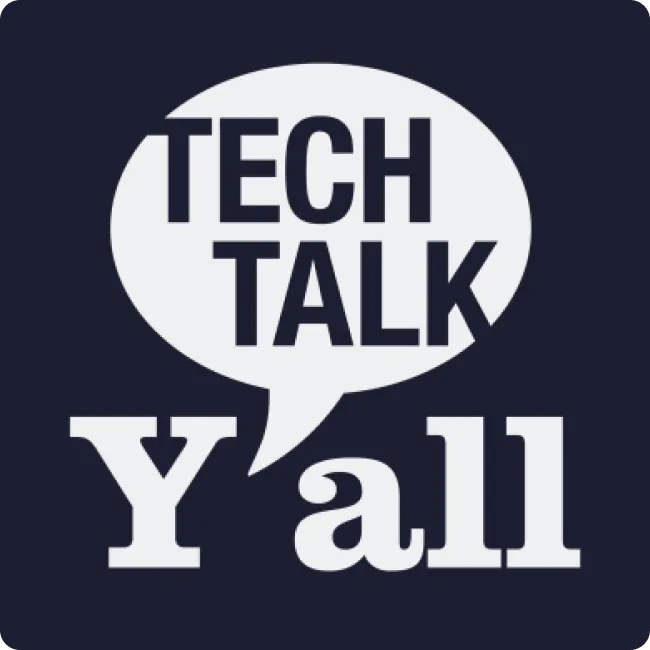 White speech bubble with text 'TECH TALK' above bold text 'Y'all' on dark background.