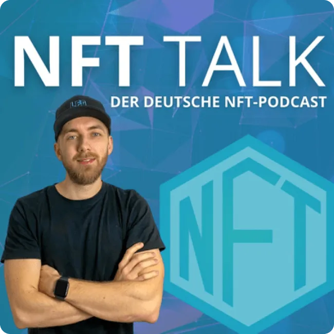 Man wearing black t-shirt and cap standing with arms crossed next to text 'NFT TALK DER DEUTSCHE NFT-PODCAST' and a hexagonal NFT logo on a blue-purple geometric background.