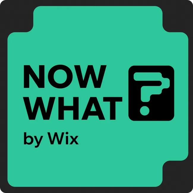 Green square with rounded corners featuring the text 'NOW WHAT' and 'by Wix' alongside a stylized black question mark icon.