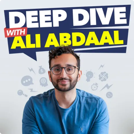 Portrait of a man with glasses and a beard wearing a blue shirt, with text above reading 'Deep Dive with Ali Abdaal'.