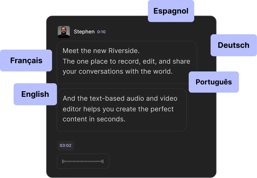 Screenshot of a dark-themed chat interface with a user named Stephen sharing two text messages about Riverside, a platform for recording, editing, and sharing conversations, and a text-based audio and video editor that helps create perfect content quickly.