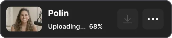 Audio file named Polin uploading with progress at 68%, showing a smiling woman with curly hair next to a microphone.