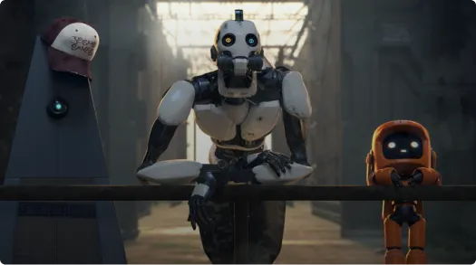 Three robots of different designs leaning on a railing in a dimly lit industrial setting, with one wearing a baseball cap.
