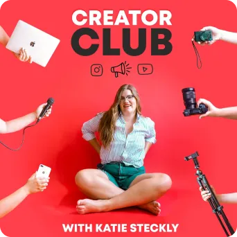 Woman sitting cross-legged smiling against a red background with text 'Creator Club with Katie Steckly' and social media icons, surrounded by hands holding a laptop, camera, microphone, phone, and tripod.