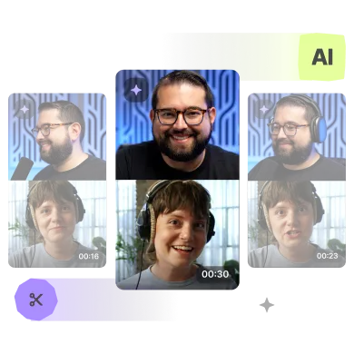 Screenshot of a video editing interface featuring multiple clips of two people wearing headphones in separate frames with AI and editing icons.