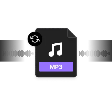 Black digital file icon with a white music note and a purple label reading MP3, surrounded by sound wave graphics and a circular arrow symbol.