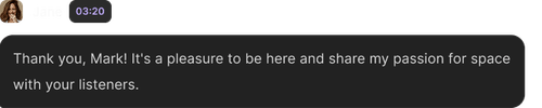 Chat message from a woman thanking Mark and expressing pleasure to share her passion for space with listeners.