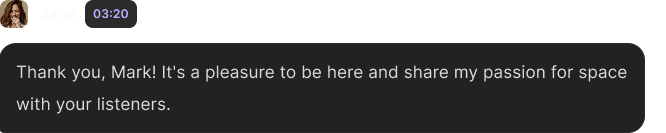 Chat message from a woman thanking Mark and expressing pleasure to share her passion for space with listeners.