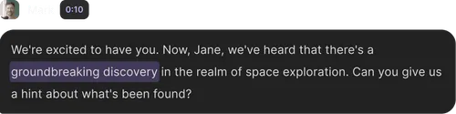 Chat message with a speaker's headshot and text asking Jane about a groundbreaking discovery in space exploration.