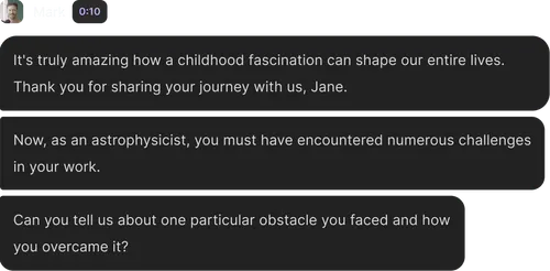 Text conversation where one person thanks Jane for sharing her journey and asks about challenges she faced as an astrophysicist and how she overcame one obstacle.