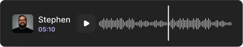 Audio player interface showing a waveform, play button, and a profile photo of a man labeled Stephen with timestamp 05:10.
