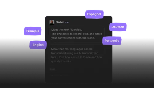 Dark-themed chat interface showing a message from Stephen about Riverside, surrounded by language labels: Français, English, Espagnol, Deutsch, and Português.