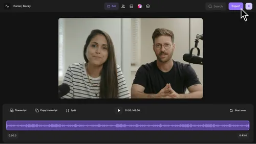 Video call interface showing a woman and a man speaking, with controls and an audio waveform below.