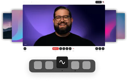 Video call interface showing a smiling man with glasses and a beard against a purple background.