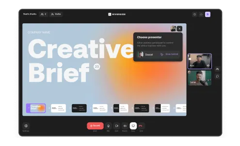 Screen sharing interface showing a presentation slide titled 'Creative Brief' with two small video call thumbnails of presenters on the right.
