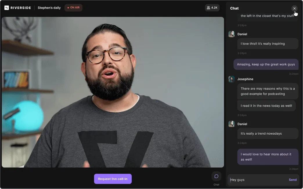 Man with beard and glasses speaking during a live Riverside stream titled Stephen's daily, with chat messages about podcasting visible on the right.