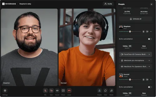 Video call interface showing two people, Stephen wearing glasses and a beard, Kendall wearing headphones and an orange shirt, with audio and video settings on the right panel.