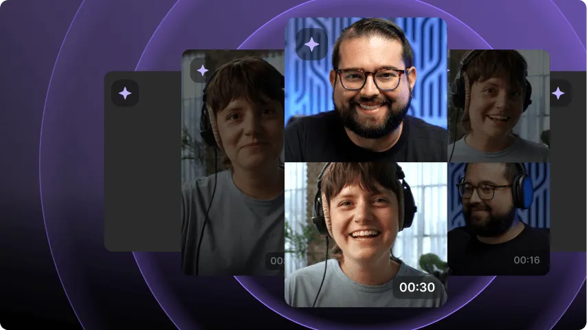 Collage of two people smiling and wearing headphones in video call thumbnails with purple circular background.