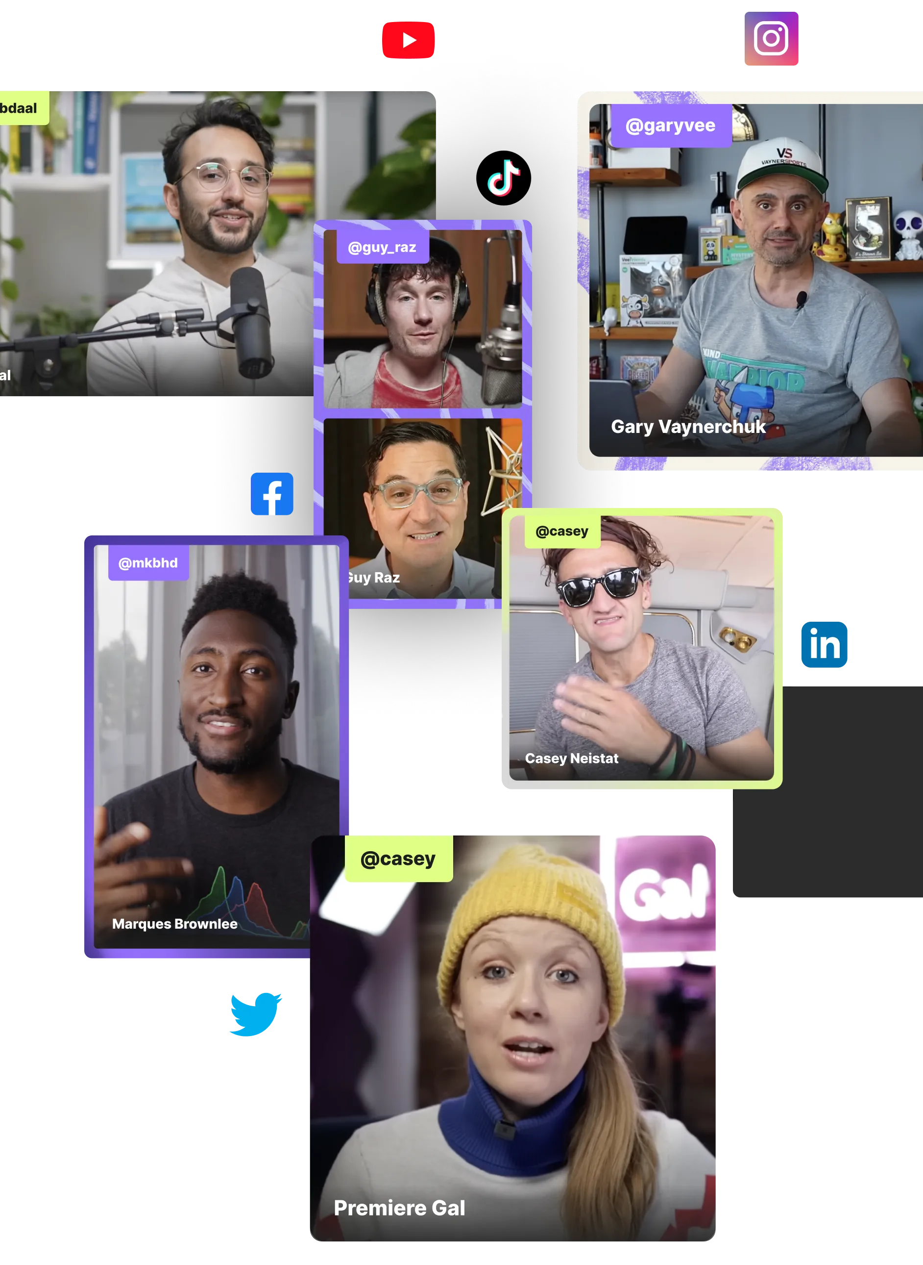 Portraits of six different social media influencers each in separate frames with their usernames and platform icons including YouTube, Instagram, TikTok, Facebook, LinkedIn, and Twitter.