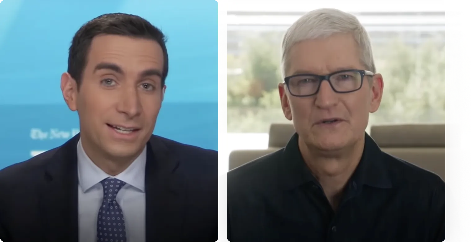 Split-screen of two men, one in a suit and tie with a blue background, the other wearing glasses and a black shirt in a bright room.