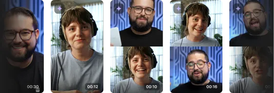 Collage of two people, a man with glasses and beard and a woman with short hair wearing headphones, smiling in various frames of a video call or recording.