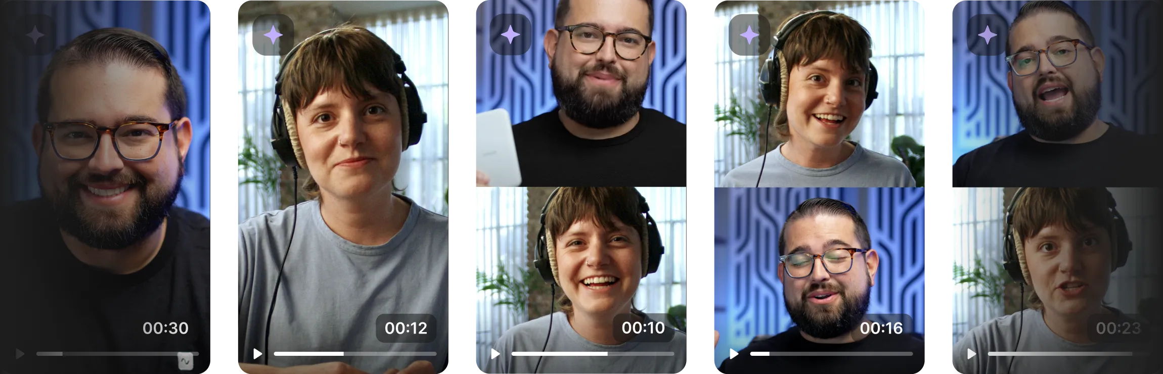 Grid of video thumbnails featuring a smiling man with glasses and beard and a woman with short hair wearing headphones, each with video length overlays.